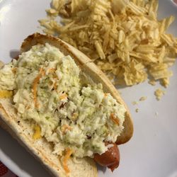 Armstrong's Restaurant - Hot Dog with Cole slaw and mustard with the crumbles from the bottom of the bag of chips