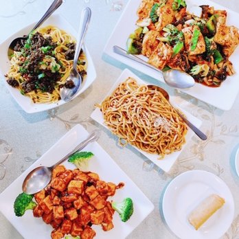 Trizest Restaurant - Clockwise from Top: Flame noodle, sichuan tofu, sichuan cold noodle and general's tofu - Chinese Near Me - Sterling Heights, Michigan