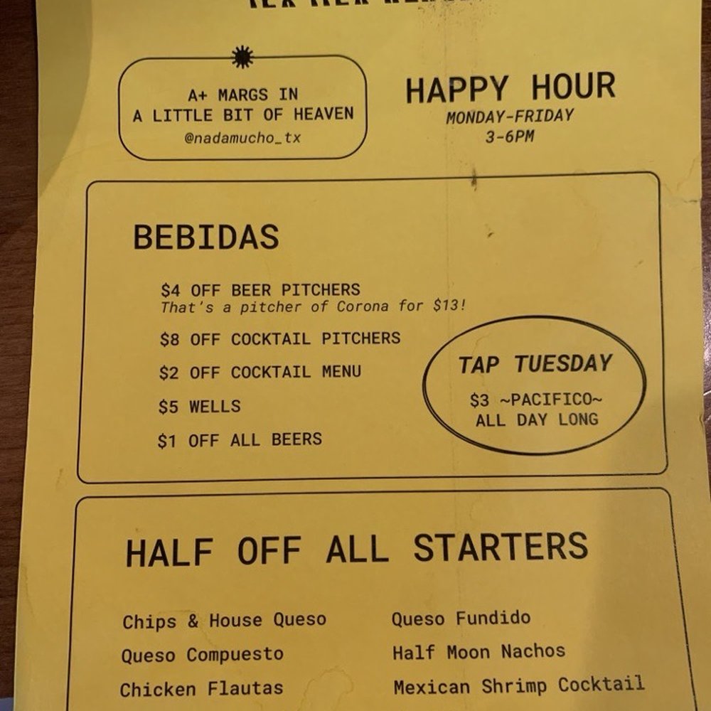 Nada Mucho Tex Mex Heaven - Happy hour! - Mexican Near Me - Wimberley, Texas Nada Mucho Tex Mex Heaven - Happy hour! - Mexican Near Me - Wimberley, Texas