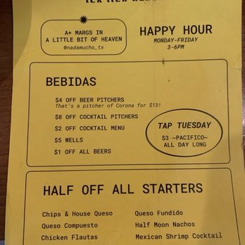 Nada Mucho Tex Mex Heaven - Happy hour! - Mexican Near Me - Wimberley, Texas Nada Mucho Tex Mex Heaven - Happy hour! - Mexican Near Me - Wimberley, Texas