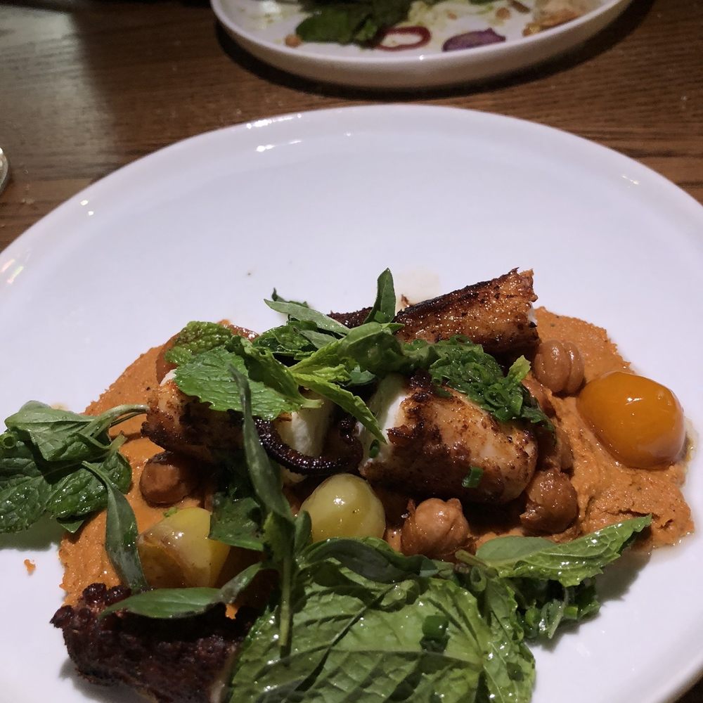 Melanie - Octopus with cherry tomatoes, some sort of chickpea spread, topped with mint. This was incredible. - Wine Bars Near Me - Los Angeles, California Melanie - Octopus with cherry tomatoes, some sort of chickpea spread, topped with mint. This was incredible. - Wine Bars Near Me - Los Angeles, California