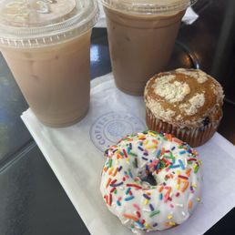 Chai and mocha and donut and blueberry muffin Chai and mocha and donut and blueberry muffin