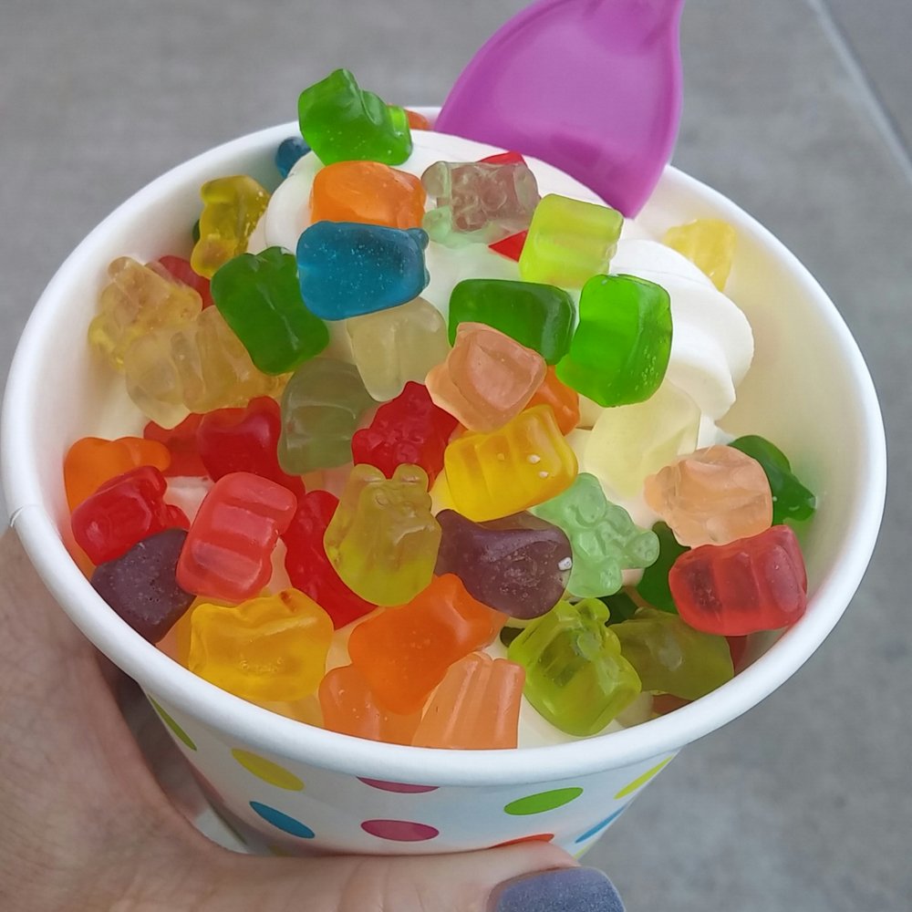 Yogurt Time Cafe - Country Vanilla and Pineapple yogurts topped with mini gummi bears - Ice Cream & Frozen Yogurt Near Me - Antelope, California Yogurt Time Cafe - Country Vanilla and Pineapple yogurts topped with mini gummi bears - Ice Cream & Frozen Yogurt Near Me - Antelope, California