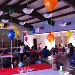 Hall decorated with balloons for a bday party