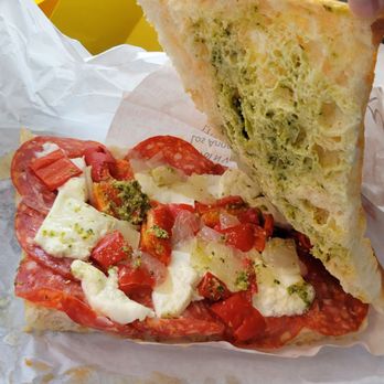 Pino's Sandwiches - Magic ZBD - Spicy Salami, Mozzarella Cheese, Roasted Bell Peppers, Cooked Onions, Pesto - Italian Near Me - Los Angeles, California Pino's Sandwiches - Magic ZBD - Spicy Salami, Mozzarella Cheese, Roasted Bell Peppers, Cooked Onions, Pesto - Italian Near Me - Los Angeles, California