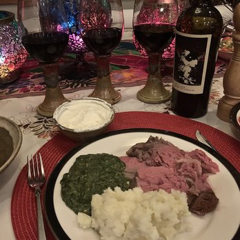 Harbor View Cafe - This is my Favorite meal in the whole world, My creamed spinach, Prime beef cooked under 5# of rock salt,  potatoes, $200 dollar bottle wine - New American Near Me - Pepin, Wisconsin