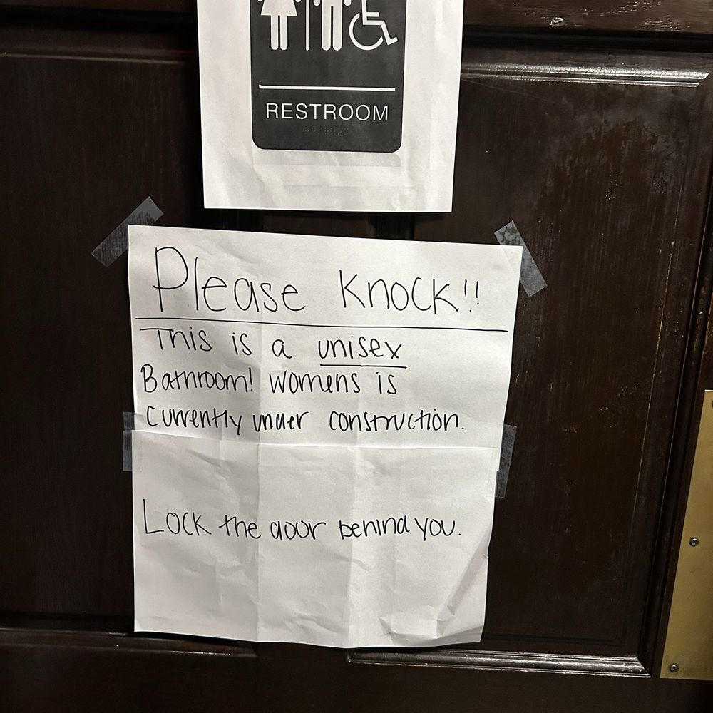 The Coop - Notice on Men's Restroom door - Breakfast & Brunch Near Me - Waukesha, Wisconsin