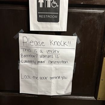 The Coop - Notice on Men's Restroom door - Breakfast & Brunch Near Me - Waukesha, Wisconsin The Coop - Notice on Men's Restroom door - Breakfast & Brunch Near Me - Waukesha, Wisconsin