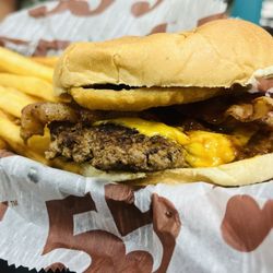 Hwy 55 Burgers Shakes & Fries - It's kinda the everything burger (bacon, chili, cheese, and onion rings). My husband loved it!