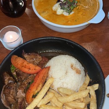 Aji Peruvian Cuisine - Chupe de cameron (top) and lomito saltado (bottom) - Peruvian Near Me - Long Beach, California Aji Peruvian Cuisine - Chupe de cameron (top) and lomito saltado (bottom) - Peruvian Near Me - Long Beach, California