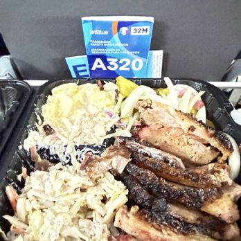 Smokin' Brew-B-Q - Brisket with Cole slaw and potato salad on my flight back to Florida - Barbeque Near Me - Austin, Texas