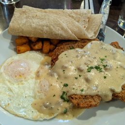 Country Fried Steak & Eggs with Tortilla and Sunset Potatoes