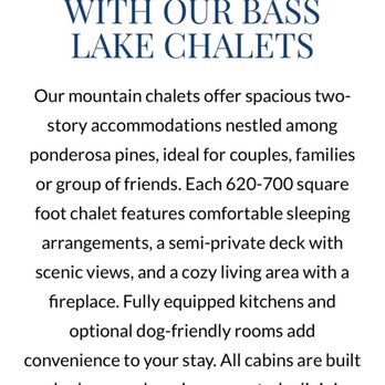 The Pines Resort - Website description leading me to believe that "each" chalet has a fireplace, and "fully equipped kitchen." - Resorts Near Me - Bass Lake, California The Pines Resort - Website description leading me to believe that "each" chalet has a fireplace, and "fully equipped kitchen." - Resorts Near Me - Bass Lake, California