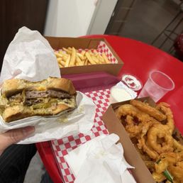 Double Ortega Burger French Fries Onion Rings Zucchini