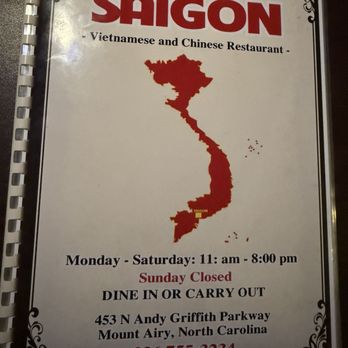 Saigon Restaurant - Menu - Front - Chinese Near Me - Mount Airy, North Carolina