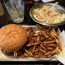 The Backspace burger with fries and a side salad, delicious!