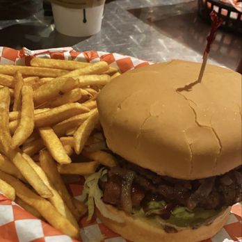 Knockout Burger - Heavyweight burger with bbq bacon and grilled onions. Small fries on the side. - Burgers Near Me - Carlsbad, California Knockout Burger - Heavyweight burger with bbq bacon and grilled onions. Small fries on the side. - Burgers Near Me - Carlsbad, California