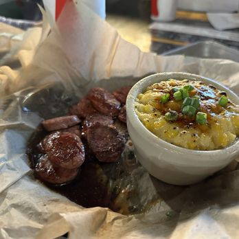 Gettin' Basted - OG sausage with cream corn side - Barbeque Near Me - Branson, Missouri Gettin' Basted - OG sausage with cream corn side - Barbeque Near Me - Branson, Missouri