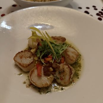 Eddie V's Prime Seafood - Scallops over polenta with balsamic peach sauce - Seafood Near Me - Princeton, New Jersey
