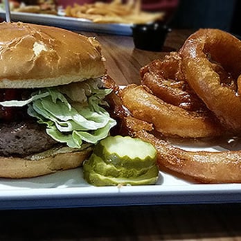 BRU Burger Bar - Cincinnati - The Bru Burger with a side of onions rings (that front ring was actually just a hollow strip of fried batter).  This cost $14. - Burgers Near Me - Cincinnati, Ohio