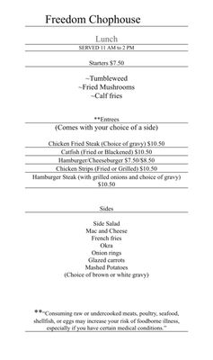 Menu photo 1 Freedom Chophouse Freedom, OK Menu photo 1 Freedom Chophouse Freedom, OK