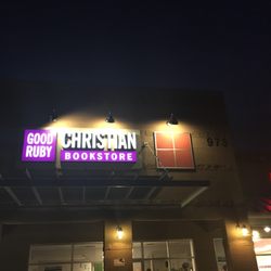 Goodruby Christian Bookstore - Out side looks in dark