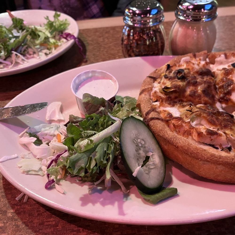 We shared: my favorite White Shark Pizza (personal size) with salad #6. Great White We shared: my favorite White Shark Pizza (personal size) with salad #6. Great White