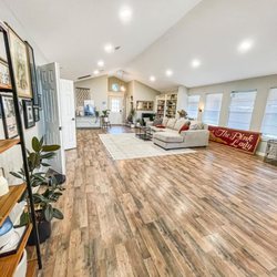 La Maison Tile - Living room remodel with new floors, ceiling lights