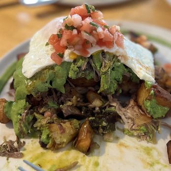 Over Easy - Kalua Pig Hash --inside view, regular potatoes and Okinawan (purple) sweet potatoes - Breakfast & Brunch Near Me - Kailua, Hawaii Over Easy - Kalua Pig Hash --inside view, regular potatoes and Okinawan (purple) sweet potatoes - Breakfast & Brunch Near Me - Kailua, Hawaii
