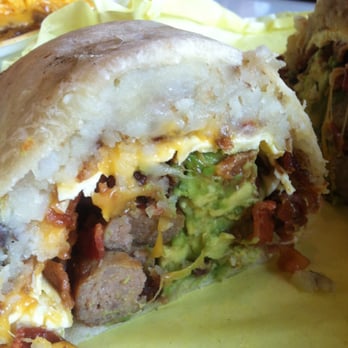 Lucky Boy - Inside the breakfast burrito with sausage, bacon, eggs, cheese, potatoes added avocados - Burgers Near Me - Pasadena, California