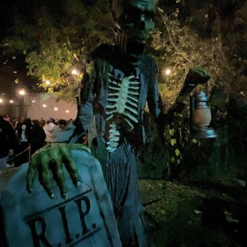 5 Points Haunted House - A Halloween decoration of a skeleton figure holding a lantern and a tombstone with 'R.I.P.' in a nighttime outdoor scene with trees and string lights. - Haunted Houses Near Me - West Chicago, Illinois