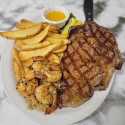 Center Street Grill - Surf n Turf Ribeye and Grilled Shrimp with Steak fries