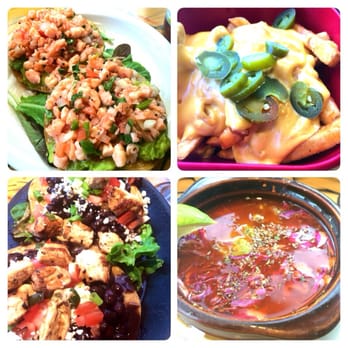 Estrella Negra - Clockwise: carmon ceviche, cheese fries, chicken black bean toastada, borrocho postole soup - Mexican Near Me - Chicago, Illinois Estrella Negra - Clockwise: carmon ceviche, cheese fries, chicken black bean toastada, borrocho postole soup - Mexican Near Me - Chicago, Illinois