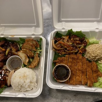 Hooked on Sushi - left: 3 Item Combo chicken teriyaki, pork gyoza, sesame chicken white rice. right: 2 Item Combo sesame chicken, chicken katsu, brown rice - Sushi Bars Near Me - Fort Worth, Texas Hooked on Sushi - left: 3 Item Combo chicken teriyaki, pork gyoza, sesame chicken white rice. right: 2 Item Combo sesame chicken, chicken katsu, brown rice - Sushi Bars Near Me - Fort Worth, Texas