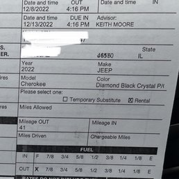Intake form with miles and fuel level as well as when I left Intake form with miles and fuel level as well as when I left