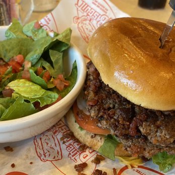 The Big Biscuit - Bacon Boss Burger with garden salad. I love their Vidalia Onion salad dressing. - Breakfast & Brunch Near Me - Broken Arrow, Oklahoma The Big Biscuit - Bacon Boss Burger with garden salad. I love their Vidalia Onion salad dressing. - Breakfast & Brunch Near Me - Broken Arrow, Oklahoma