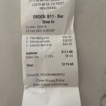Hook & Anchor - Receipt - Seafood Near Me - Costa Mesa, California