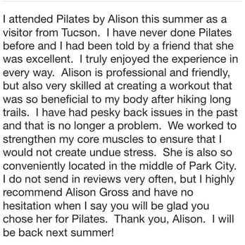 Pilates By Alison - Just visiting Park City? Come spend some time with me in the studio working on your personal goals and have the best summer yet! - Pilates Near Me - Park City, Utah Pilates By Alison - Just visiting Park City? Come spend some time with me in the studio working on your personal goals and have the best summer yet! - Pilates Near Me - Park City, Utah