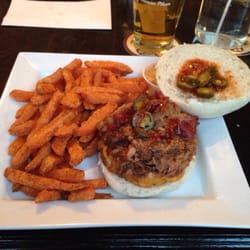 Stuttering John's Smokehouse - BBQ beef burger and sweet potato fries