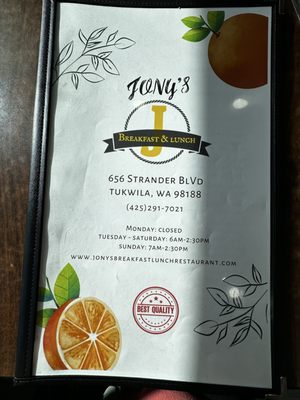 Menu photo 6 Jony's Breakfast & Lunch Restaurant Tukwila, WA
