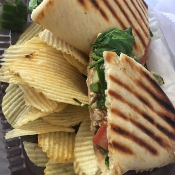 Deja Brew Cafe - Mediterranean Flatbread, a side of Chips and a Pickle - Coffee & Tea Near Me - Warrenton, Virginia