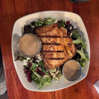 Mary O'Neill's - Water Tower Salad with Cajun Seasoned Salmon, Slivered Almonds, Craisins, Goat Cheese with Apple Cider Vin - Irish Near Me - Waxhaw, North Carolina Mary O'Neill's - Water Tower Salad with Cajun Seasoned Salmon, Slivered Almonds, Craisins, Goat Cheese with Apple Cider Vin - Irish Near Me - Waxhaw, North Carolina
