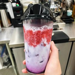 Tiny Bliss Cafe - Strawberry milk latte with blueberry purée