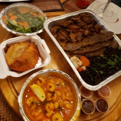 Pork Chops BBQ - Shrimp and empanadas and veggies and a combo tray (short ribs and Hawaiian pork)