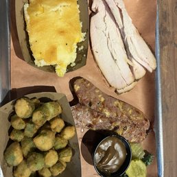 Turkey, sausage, corn pudding, okra