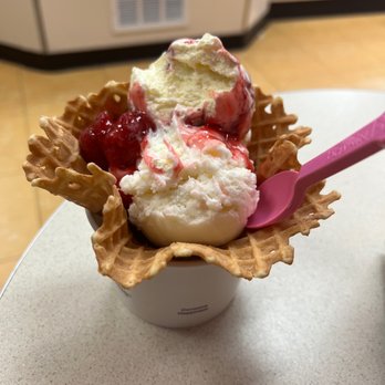 Baskin-Robbins - 2 scoops on a waffle cup with strawberry topping - Ice Cream & Frozen Yogurt Near Me - San Gabriel, California