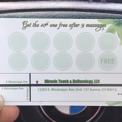 Miracle Touch & Reflexology - If you like their service, ask for a card and get it stamped for future visits leading up to your tenth visit free.
