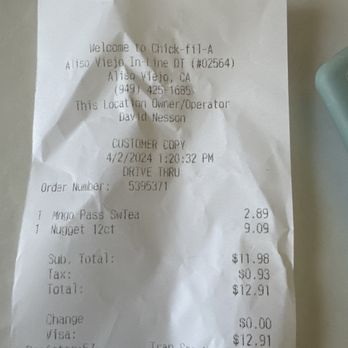 Chick-fil-A - Don't know what size drink and no sauce added to order. - Fast Food Near Me - Aliso Viejo, California Chick-fil-A - Don't know what size drink and no sauce added to order. - Fast Food Near Me - Aliso Viejo, California