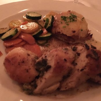 Madeline's - My stuffed chicken breast in a sage brown butter sauce (spinach, Brie and candied walnuts) served with veggies and scalloped potatoes. - New American Near Me - Cambria, California