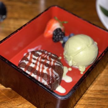 Matsuhisa - Bento Box Dessert - Chocolate Lava Cake + Green Tea Ice Cream - Sushi Bars Near Me - Denver, Colorado Matsuhisa - Bento Box Dessert - Chocolate Lava Cake + Green Tea Ice Cream - Sushi Bars Near Me - Denver, Colorado